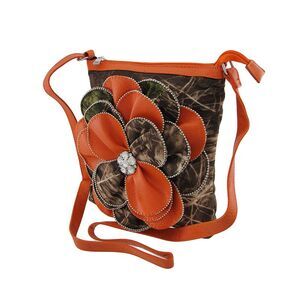 Zeckos - Forest Camouflage Cross Body Bag with Flower - Orange - Size Small